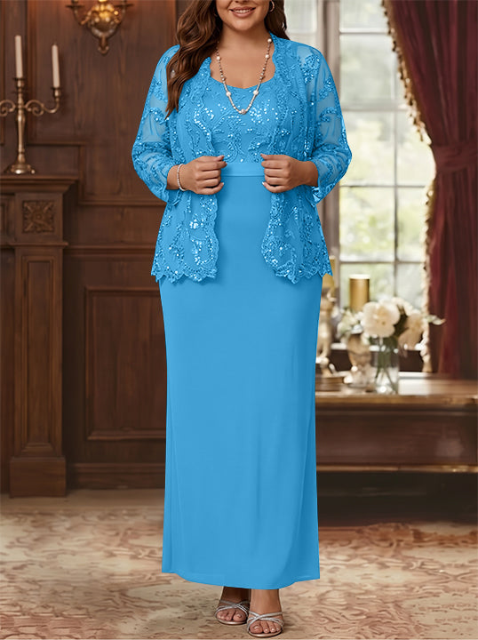 Robe Mère de la Mariée, Grande Taille, Gaine/Colonne, Col Rond, Manches Longues, Longueur de la Cheville, Mousseline, en Dentelle avec Veste