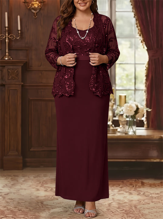 Robe Mère de la Mariée, Grande Taille, Gaine/Colonne, Col Rond, Manches Longues, Longueur de la Cheville, Mousseline, en Dentelle avec Veste