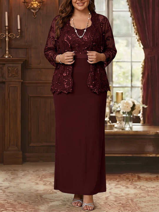 Robe Mère de la Mariée, Grande Taille, Gaine/Colonne, Col Rond, Manches Longues, Longueur de la Cheville, Mousseline, en Dentelle avec Veste