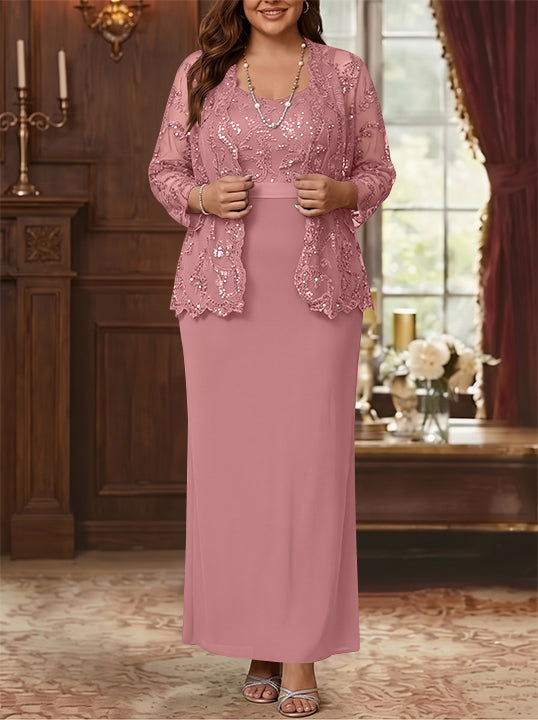 Robe Mère de la Mariée, Grande Taille, Gaine/Colonne, Col Rond, Manches Longues, Longueur de la Cheville, Mousseline, en Dentelle avec Veste