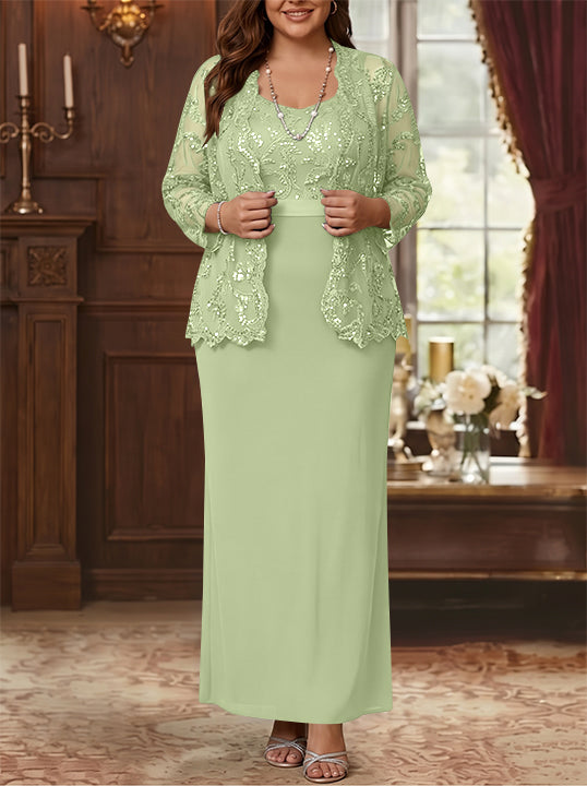 Robe Mère de la Mariée, Grande Taille, Gaine/Colonne, Col Rond, Manches Longues, Longueur de la Cheville, Mousseline, en Dentelle avec Veste