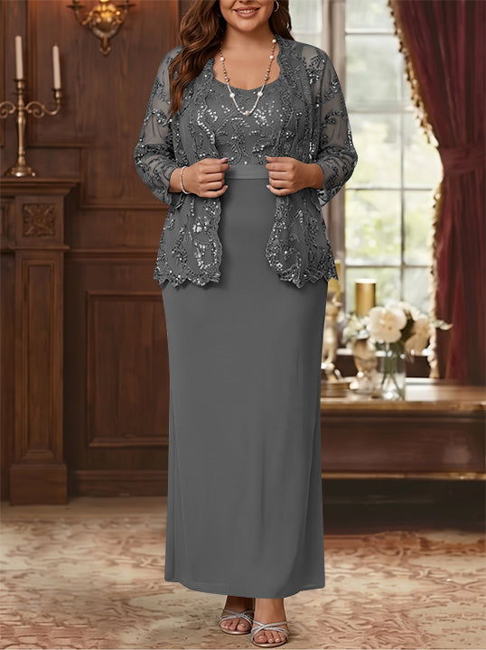 Robe Mère de la Mariée, Grande Taille, Gaine/Colonne, Col Rond, Manches Longues, Longueur de la Cheville, Mousseline, en Dentelle avec Veste