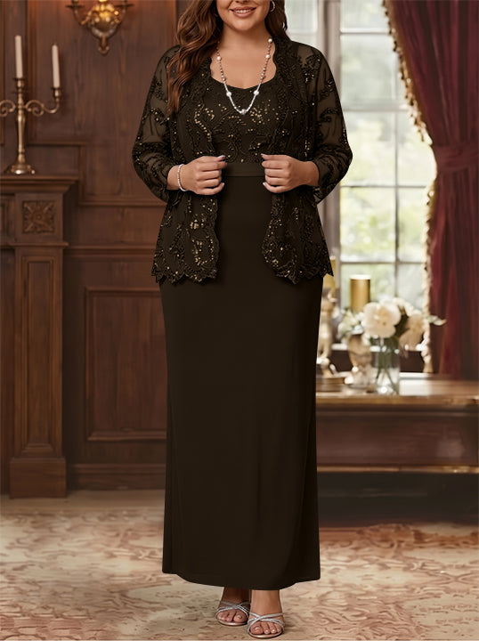 Robe Mère de la Mariée, Grande Taille, Gaine/Colonne, Col Rond, Manches Longues, Longueur de la Cheville, Mousseline, en Dentelle avec Veste