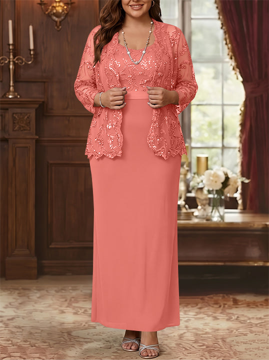Robe Mère de la Mariée, Grande Taille, Gaine/Colonne, Col Rond, Manches Longues, Longueur de la Cheville, Mousseline, en Dentelle avec Veste