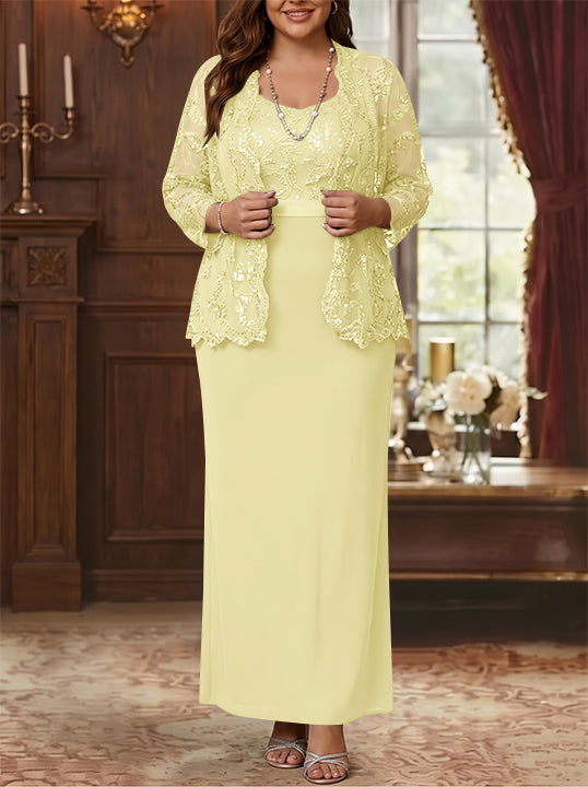 Robe Mère de la Mariée, Grande Taille, Gaine/Colonne, Col Rond, Manches Longues, Longueur de la Cheville, Mousseline, en Dentelle avec Veste