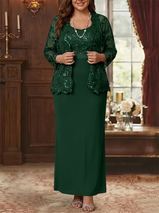 Robe Mère de la Mariée, Grande Taille, Gaine/Colonne, Col Rond, Manches Longues, Longueur de la Cheville, Mousseline, en Dentelle avec Veste