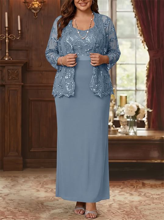 Robe Mère de la Mariée, Grande Taille, Gaine/Colonne, Col Rond, Manches Longues, Longueur de la Cheville, Mousseline, en Dentelle avec Veste