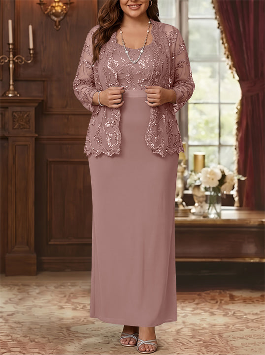 Robe Mère de la Mariée, Grande Taille, Gaine/Colonne, Col Rond, Manches Longues, Longueur de la Cheville, Mousseline, en Dentelle avec Veste
