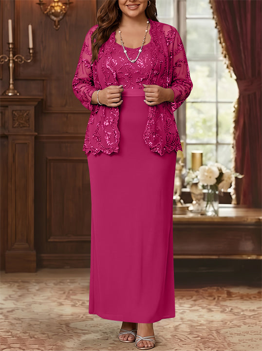 Robe Mère de la Mariée, Grande Taille, Gaine/Colonne, Col Rond, Manches Longues, Longueur de la Cheville, Mousseline, en Dentelle avec Veste