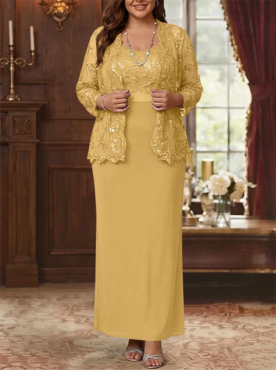 Robe Mère de la Mariée, Grande Taille, Gaine/Colonne, Col Rond, Manches Longues, Longueur de la Cheville, Mousseline, en Dentelle avec Veste