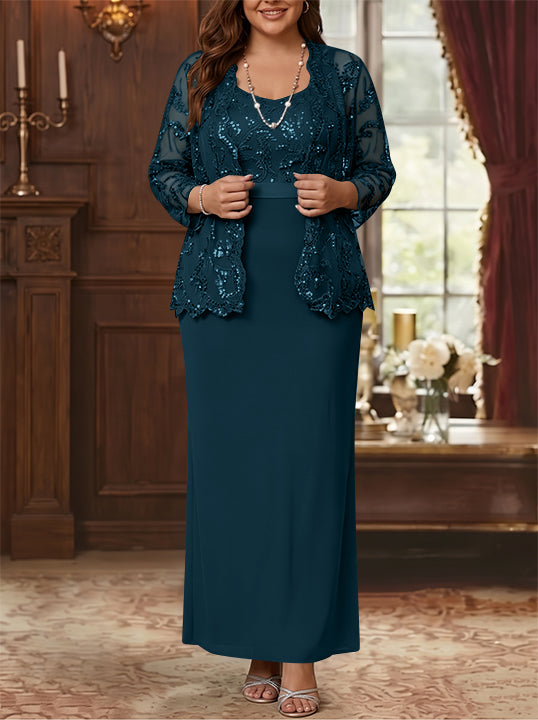 Robe Mère de la Mariée, Grande Taille, Gaine/Colonne, Col Rond, Manches Longues, Longueur de la Cheville, Mousseline, en Dentelle avec Veste