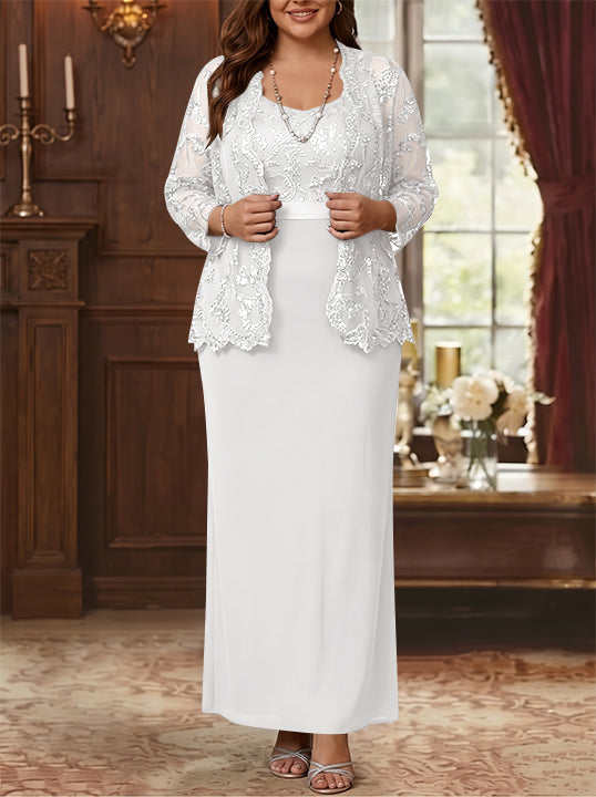 Robe Mère de la Mariée, Grande Taille, Gaine/Colonne, Col Rond, Manches Longues, Longueur de la Cheville, Mousseline, en Dentelle avec Veste