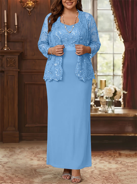 Robe Mère de la Mariée, Grande Taille, Gaine/Colonne, Col Rond, Manches Longues, Longueur de la Cheville, Mousseline, en Dentelle avec Veste