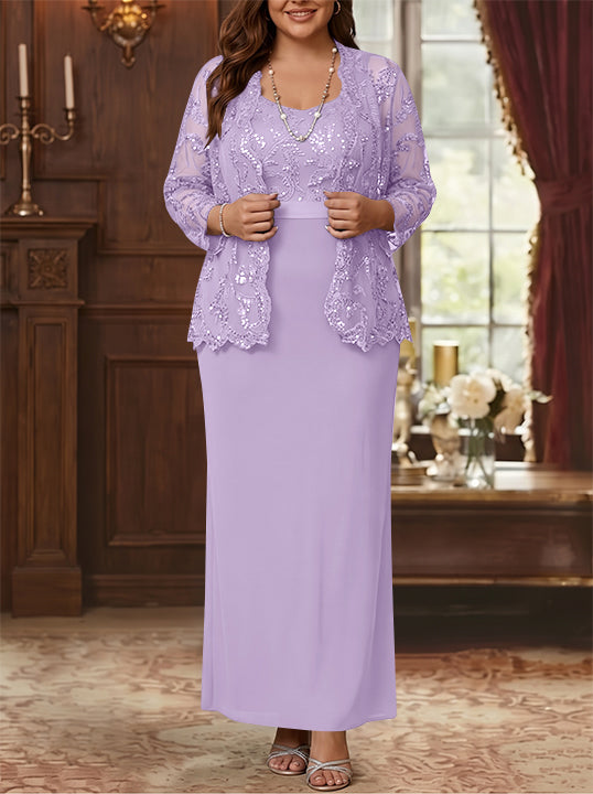 Robe Mère de la Mariée, Grande Taille, Gaine/Colonne, Col Rond, Manches Longues, Longueur de la Cheville, Mousseline, en Dentelle avec Veste
