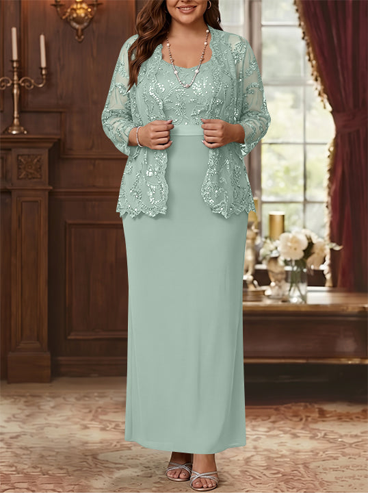 Robe Mère de la Mariée, Grande Taille, Gaine/Colonne, Col Rond, Manches Longues, Longueur de la Cheville, Mousseline, en Dentelle avec Veste