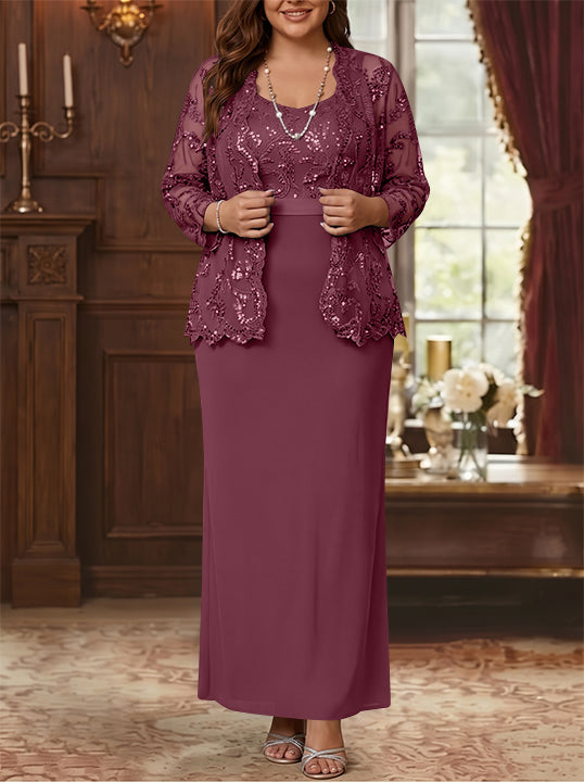 Robe Mère de la Mariée, Grande Taille, Gaine/Colonne, Col Rond, Manches Longues, Longueur de la Cheville, Mousseline, en Dentelle avec Veste