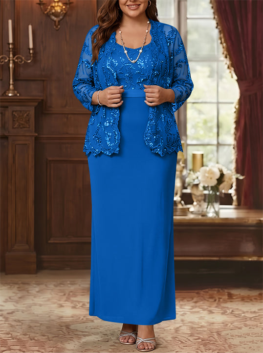 Robe Mère de la Mariée, Grande Taille, Gaine/Colonne, Col Rond, Manches Longues, Longueur de la Cheville, Mousseline, en Dentelle avec Veste