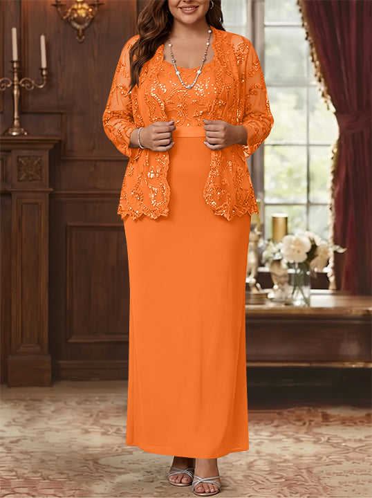 Robe Mère de la Mariée, Grande Taille, Gaine/Colonne, Col Rond, Manches Longues, Longueur de la Cheville, Mousseline, en Dentelle avec Veste