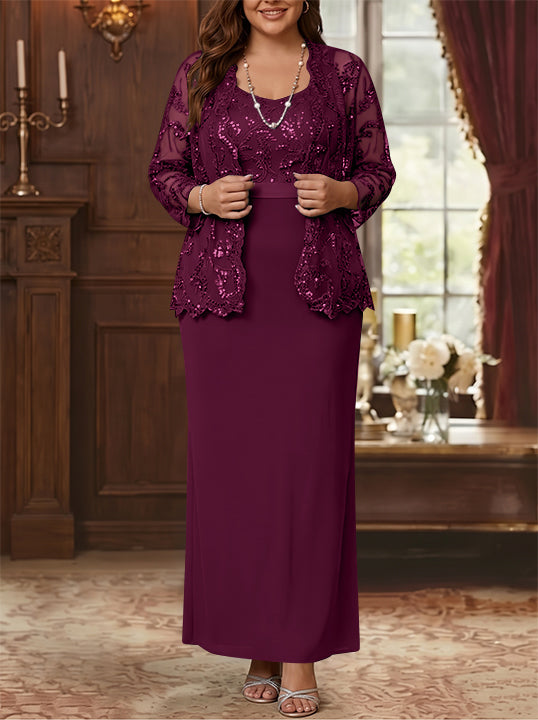 Robe Mère de la Mariée, Grande Taille, Gaine/Colonne, Col Rond, Manches Longues, Longueur de la Cheville, Mousseline, en Dentelle avec Veste