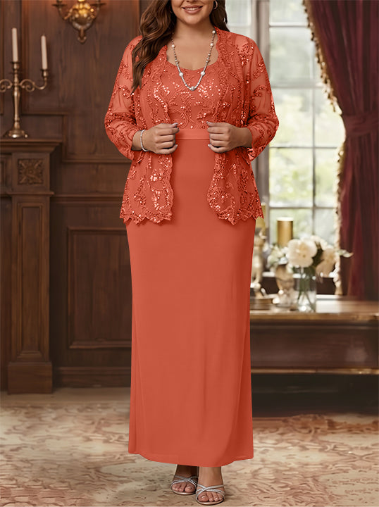 Robe Mère de la Mariée, Grande Taille, Gaine/Colonne, Col Rond, Manches Longues, Longueur de la Cheville, Mousseline, en Dentelle avec Veste