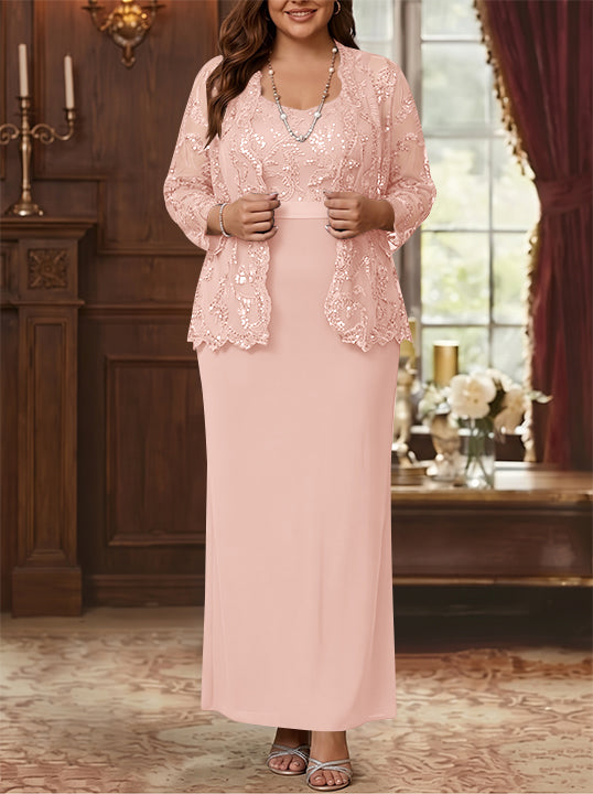 Robe Mère de la Mariée, Grande Taille, Gaine/Colonne, Col Rond, Manches Longues, Longueur de la Cheville, Mousseline, en Dentelle avec Veste