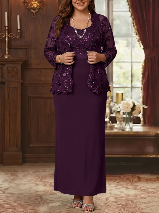 Robe Mère de la Mariée, Grande Taille, Gaine/Colonne, Col Rond, Manches Longues, Longueur de la Cheville, Mousseline, en Dentelle avec Veste