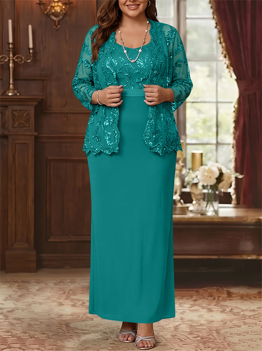 Robe Mère de la Mariée, Grande Taille, Gaine/Colonne, Col Rond, Manches Longues, Longueur de la Cheville, Mousseline, en Dentelle avec Veste