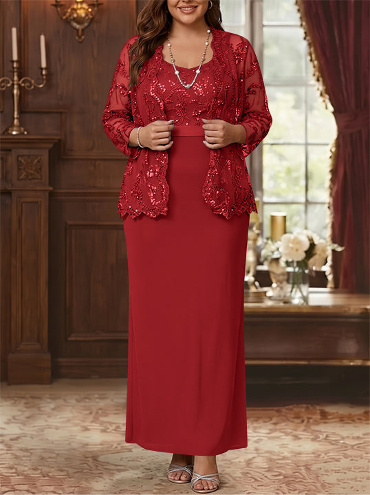 Robe Mère de la Mariée, Grande Taille, Gaine/Colonne, Col Rond, Manches Longues, Longueur de la Cheville, Mousseline, en Dentelle avec Veste