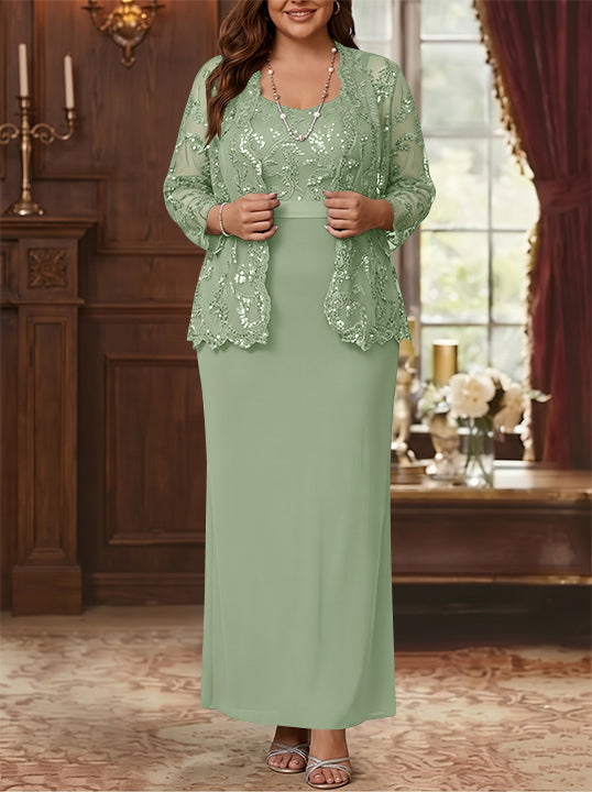 Robe Mère de la Mariée, Grande Taille, Gaine/Colonne, Col Rond, Manches Longues, Longueur de la Cheville, Mousseline, en Dentelle avec Veste