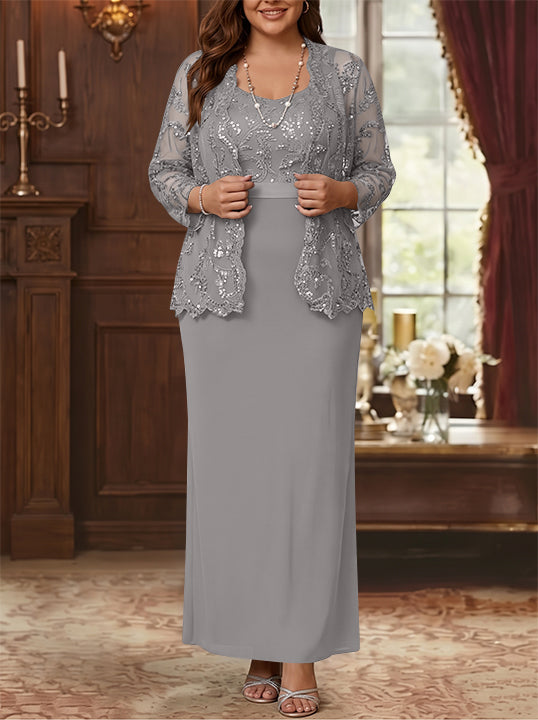 Robe Mère de la Mariée, Grande Taille, Gaine/Colonne, Col Rond, Manches Longues, Longueur de la Cheville, Mousseline, en Dentelle avec Veste