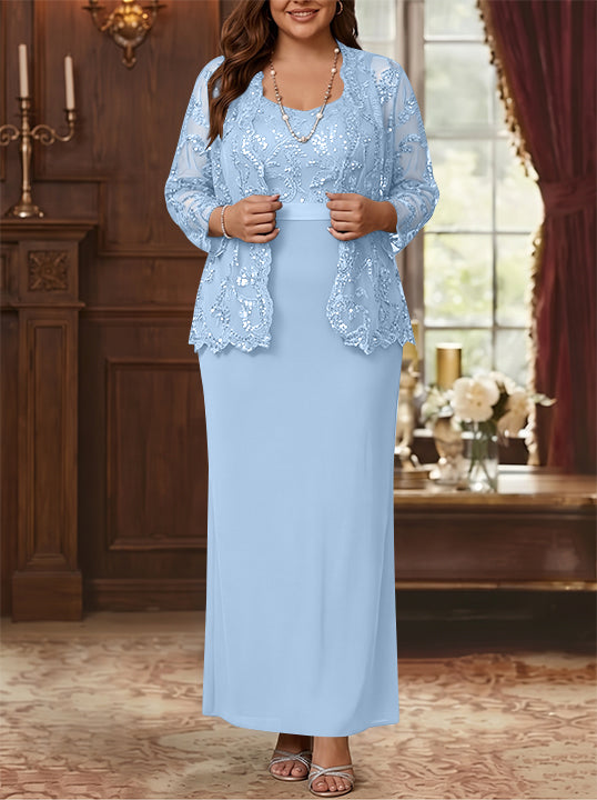 Robe Mère de la Mariée, Grande Taille, Gaine/Colonne, Col Rond, Manches Longues, Longueur de la Cheville, Mousseline, en Dentelle avec Veste