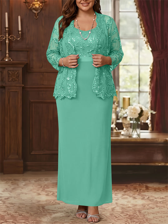 Robe Mère de la Mariée, Grande Taille, Gaine/Colonne, Col Rond, Manches Longues, Longueur de la Cheville, Mousseline, en Dentelle avec Veste