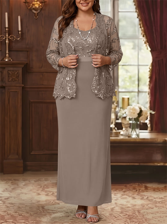 Robe Mère de la Mariée, Grande Taille, Gaine/Colonne, Col Rond, Manches Longues, Longueur de la Cheville, Mousseline, en Dentelle avec Veste