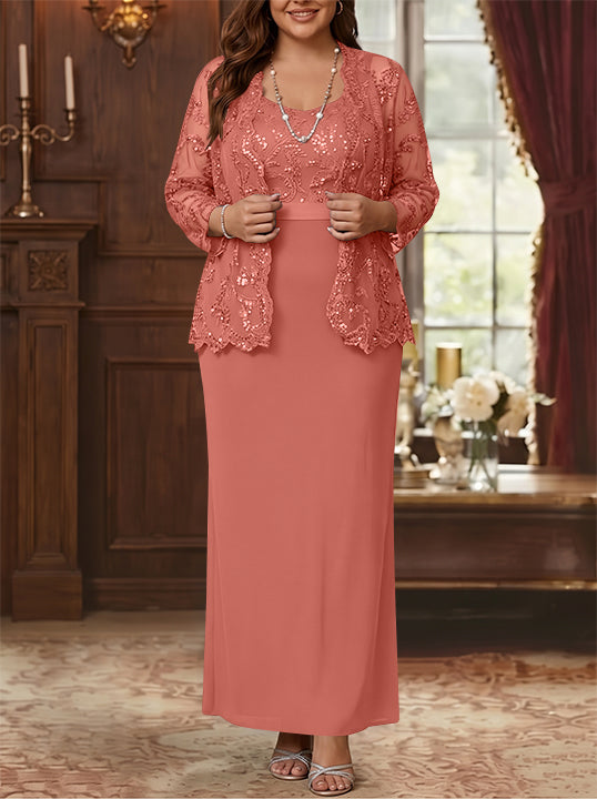 Robe Mère de la Mariée, Grande Taille, Gaine/Colonne, Col Rond, Manches Longues, Longueur de la Cheville, Mousseline, en Dentelle avec Veste