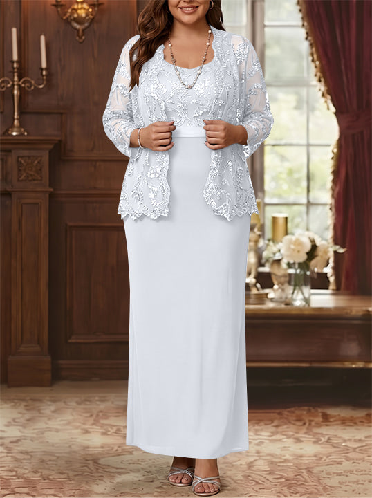 Robe Mère de la Mariée, Grande Taille, Gaine/Colonne, Col Rond, Manches Longues, Longueur de la Cheville, Mousseline, en Dentelle avec Veste