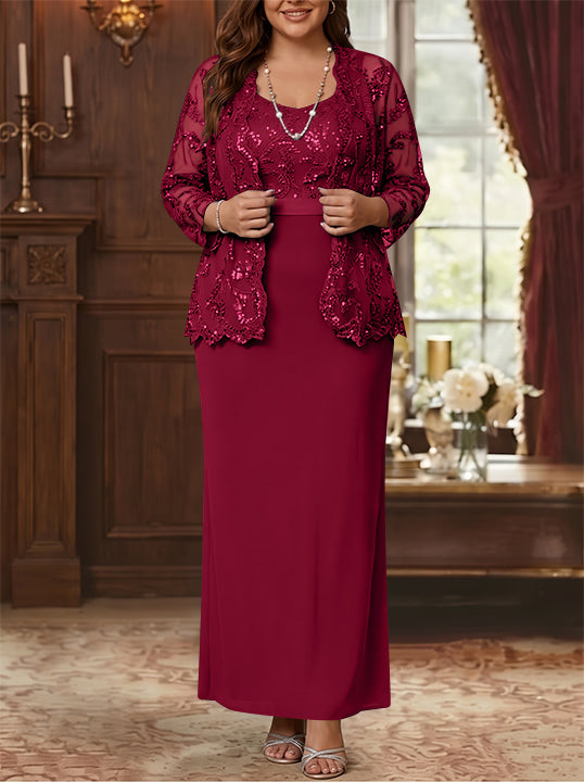 Robe Mère de la Mariée, Grande Taille, Gaine/Colonne, Col Rond, Manches Longues, Longueur de la Cheville, Mousseline, en Dentelle avec Veste