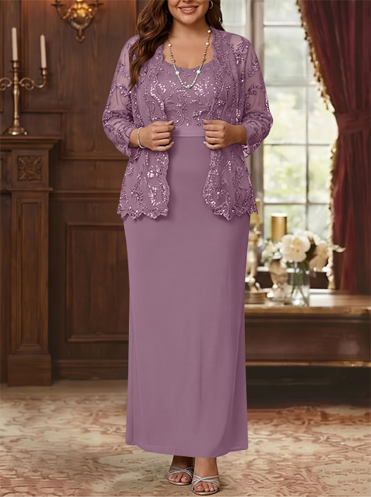 Robe Mère de la Mariée, Grande Taille, Gaine/Colonne, Col Rond, Manches Longues, Longueur de la Cheville, Mousseline, en Dentelle avec Veste
