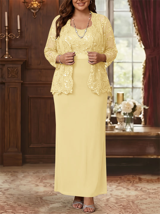 Robe Mère de la Mariée, Grande Taille, Gaine/Colonne, Col Rond, Manches Longues, Longueur de la Cheville, Mousseline, en Dentelle avec Veste