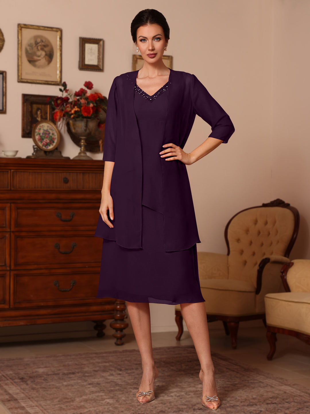 2 Pièces Gaine/Colonne Col en V  Mousseline Robes Mère de La Mariée avec Veste Perles Longueur Genou  1/2 Manches