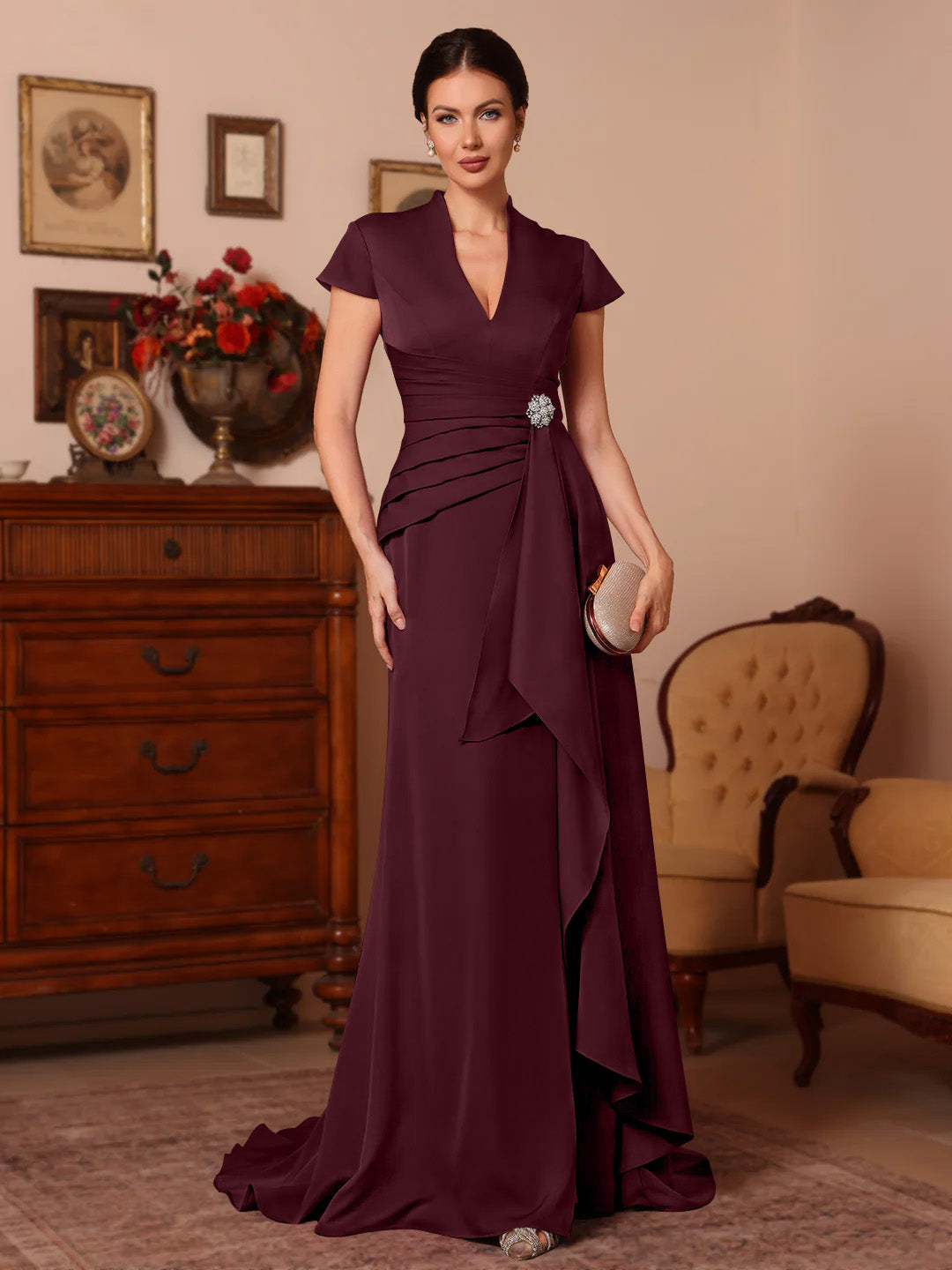 Trompette/Sirène Col en V Satin Extensible Robes Mère de La Mariée Manches Courtes Longueur du Sol Froufrous