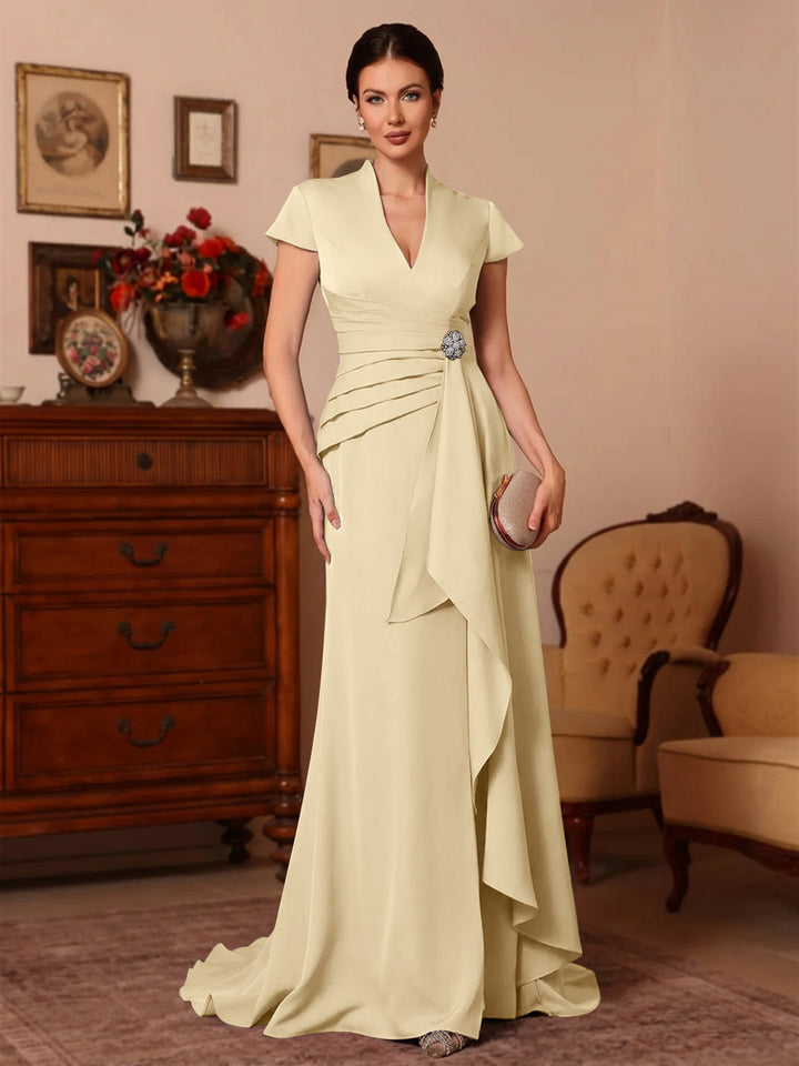 Trompette/Sirène Col en V Satin Extensible Robes Mère de La Mariée Manches Courtes Longueur du Sol Froufrous