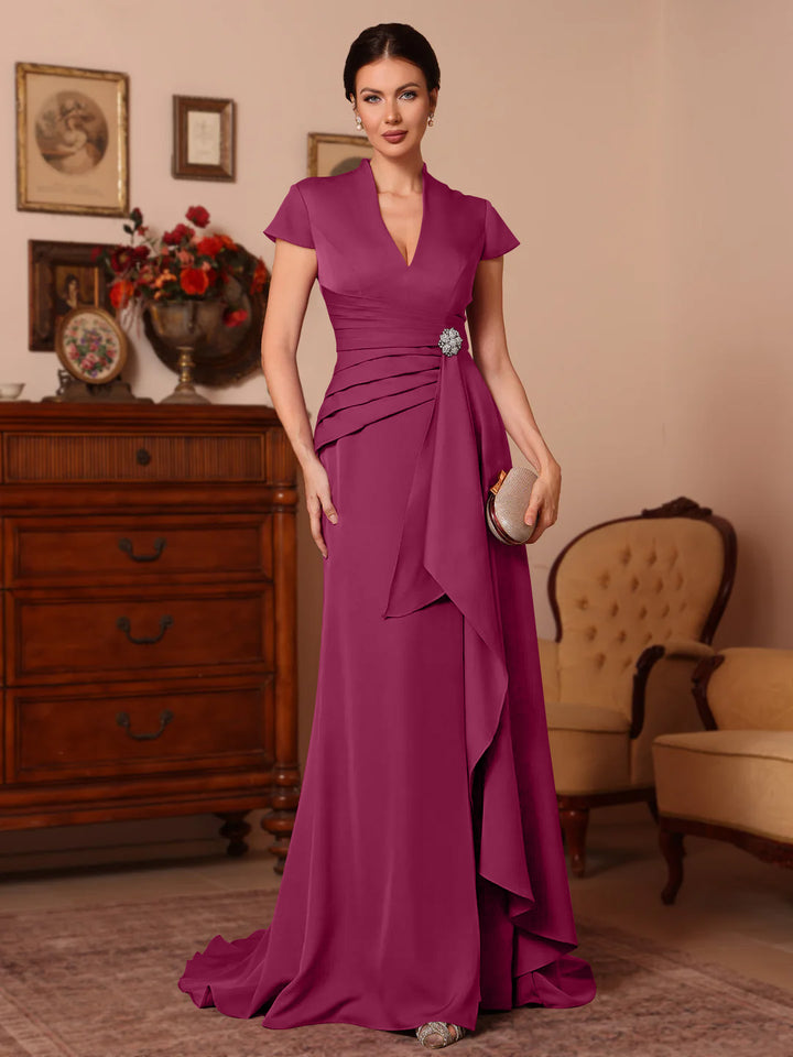 Trompette/Sirène Col en V Satin Extensible Robes Mère de La Mariée Manches Courtes Longueur du Sol Froufrous