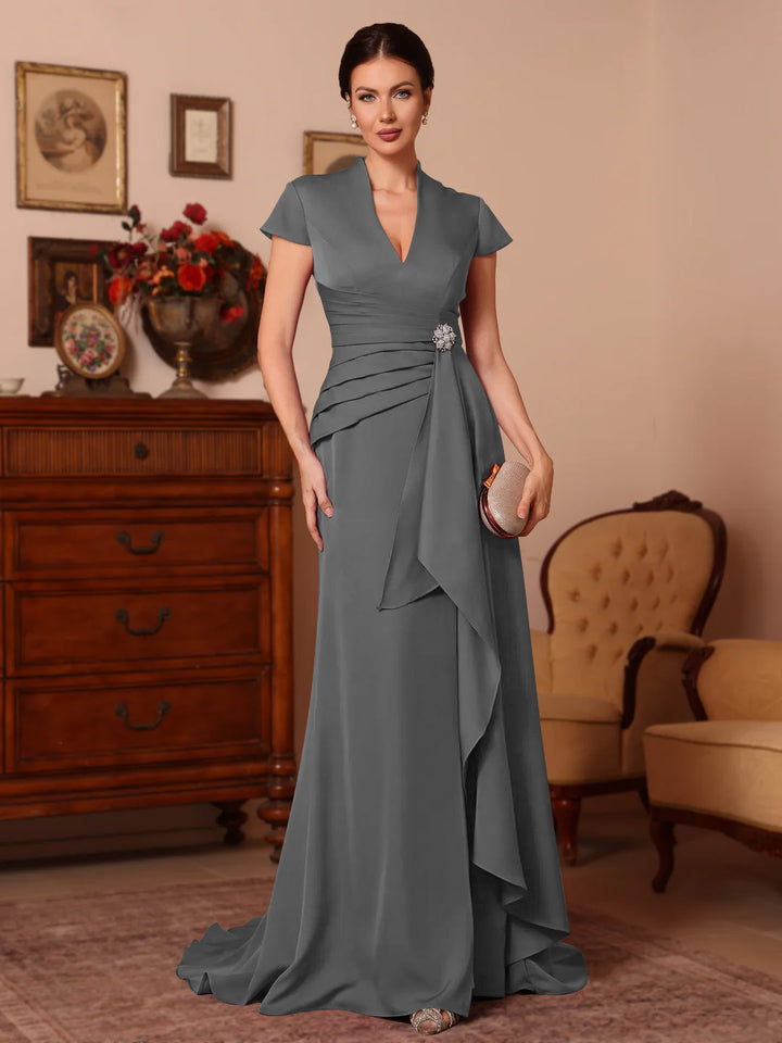 Trompette/Sirène Col en V Satin Extensible Robes Mère de La Mariée Manches Courtes Longueur du Sol Froufrous