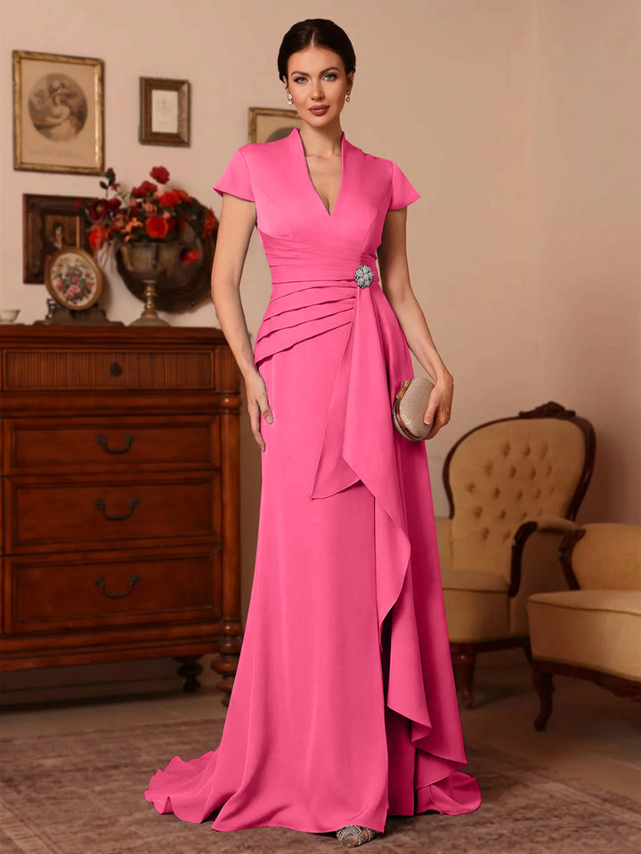 Trompette/Sirène Col en V Satin Extensible Robes Mère de La Mariée Manches Courtes Longueur du Sol Froufrous