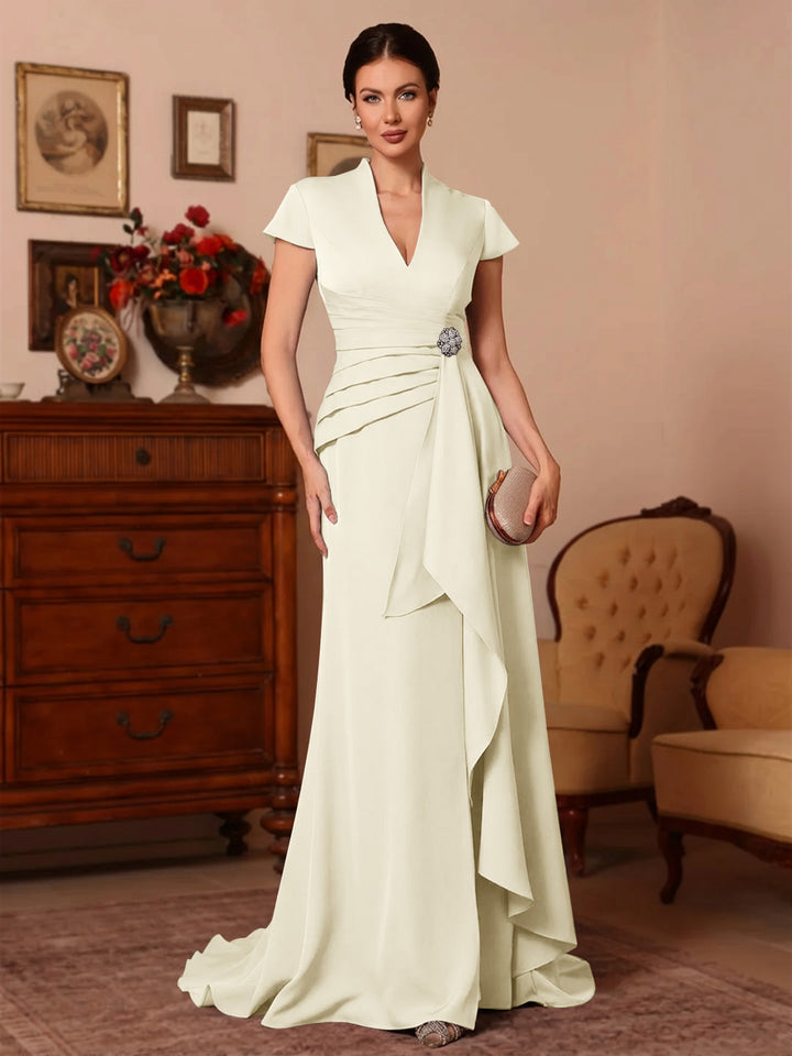 Trompette/Sirène Col en V Satin Extensible Robes Mère de La Mariée Manches Courtes Longueur du Sol Froufrous
