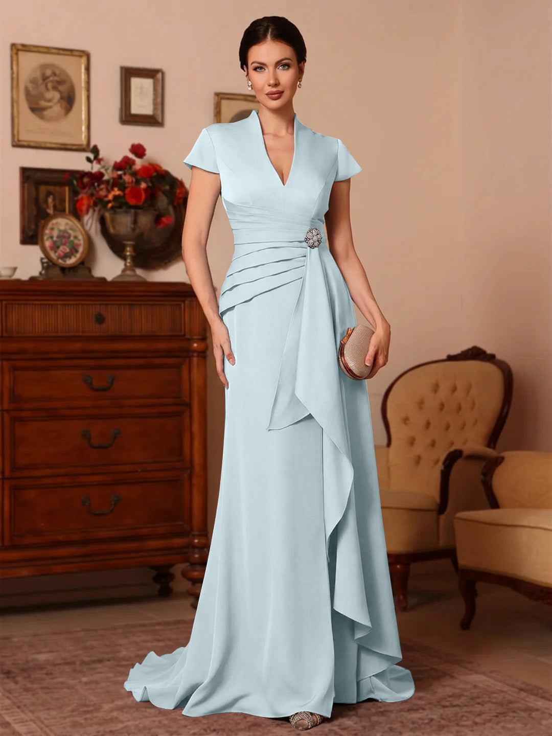 Trompette/Sirène Col en V Satin Extensible Robes Mère de La Mariée Manches Courtes Longueur du Sol Froufrous