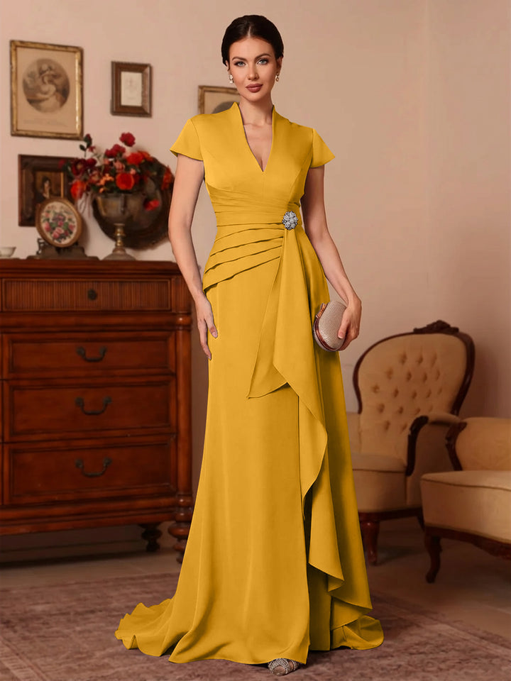 Trompette/Sirène Col en V Satin Extensible Robes Mère de La Mariée Manches Courtes Longueur du Sol Froufrous