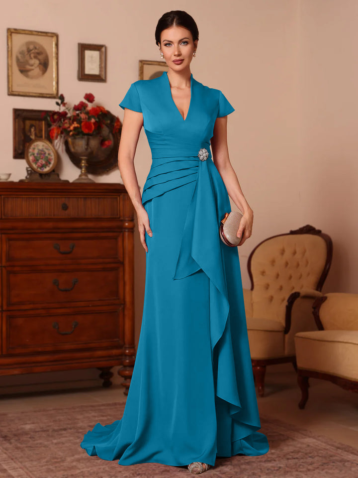 Trompette/Sirène Col en V Satin Extensible Robes Mère de La Mariée Manches Courtes Longueur du Sol Froufrous