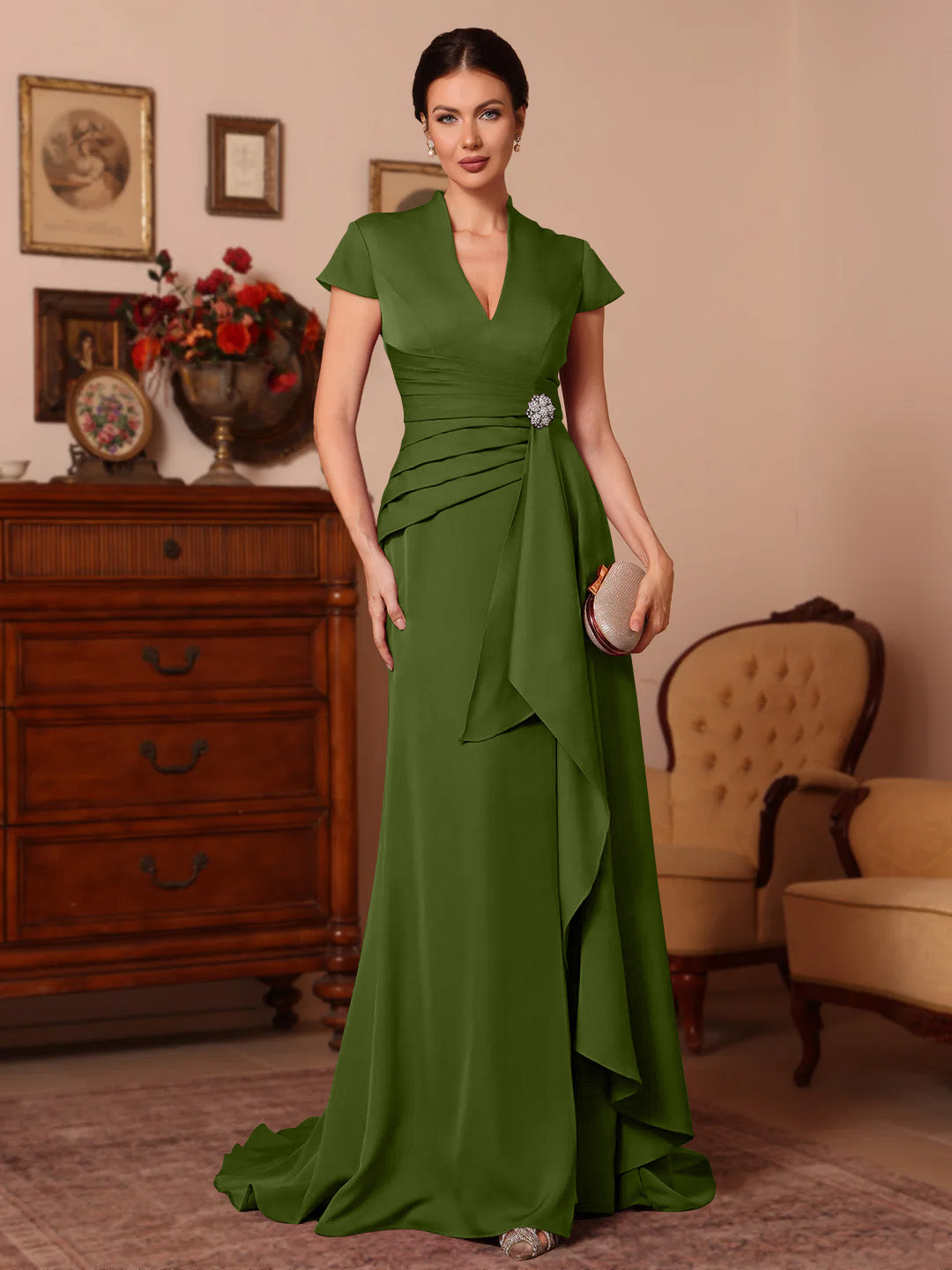 Trompette/Sirène Col en V Satin Extensible Robes Mère de La Mariée Manches Courtes Longueur du Sol Froufrous