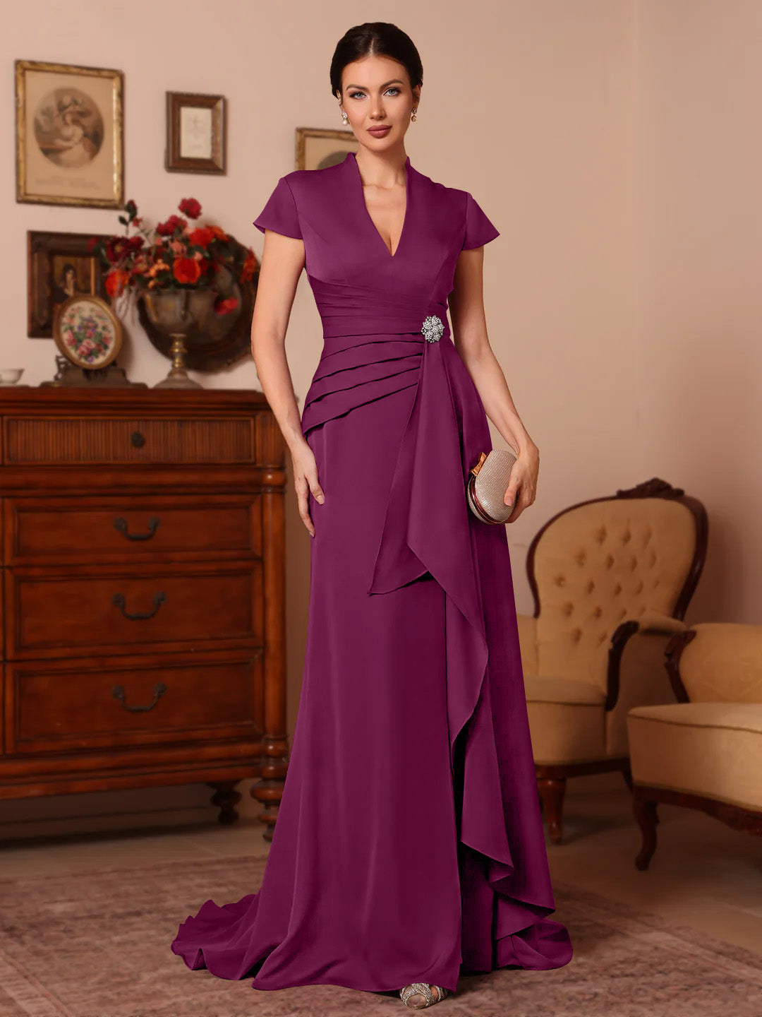 Trompette/Sirène Col en V Satin Extensible Robes Mère de La Mariée Manches Courtes Longueur du Sol Froufrous